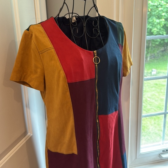 CATO vintage color block zip down short sleeve faux suede dress - Picture 2 of 3